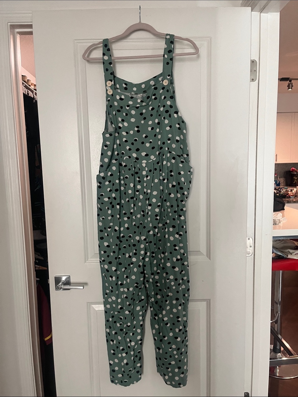 Green Polka Dot Cotton-Blend Overalls Jumpsuit